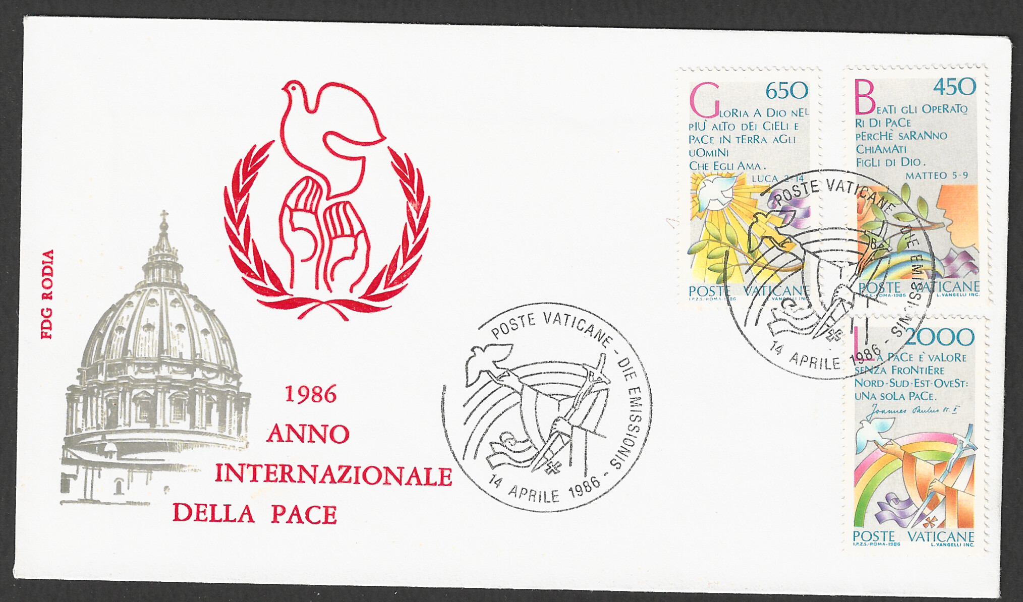 FFF0114 Vaticane stamps FDC set of 3 Values, Della Peace Theme, 1986 - FFF0114 - Image 1