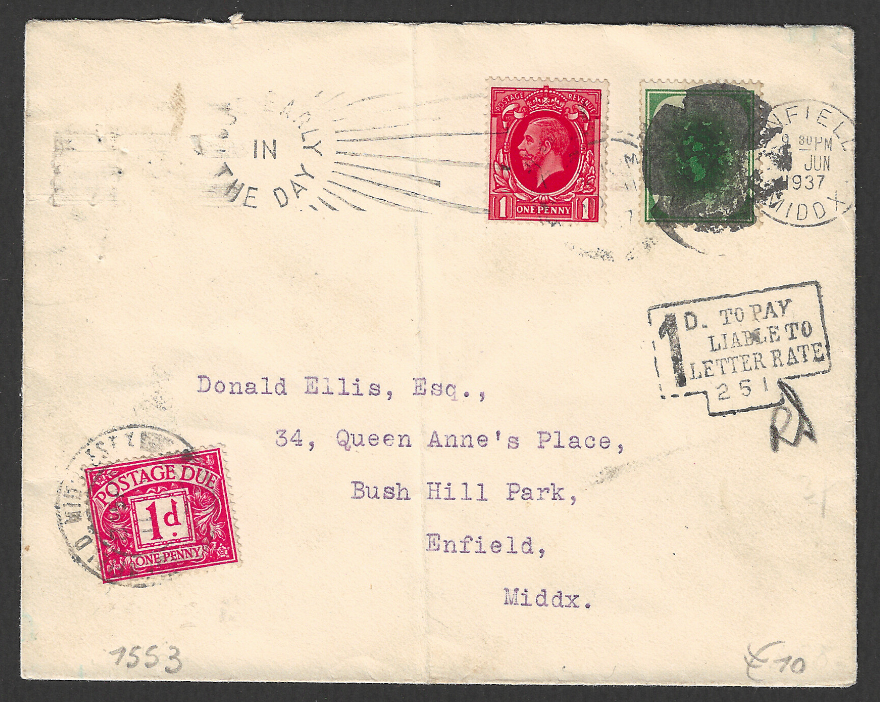 FFF0414 Great Britain Postally used Cover with To Pauy Postage Duestamps , 1937 - FFF0414 - Image 1
