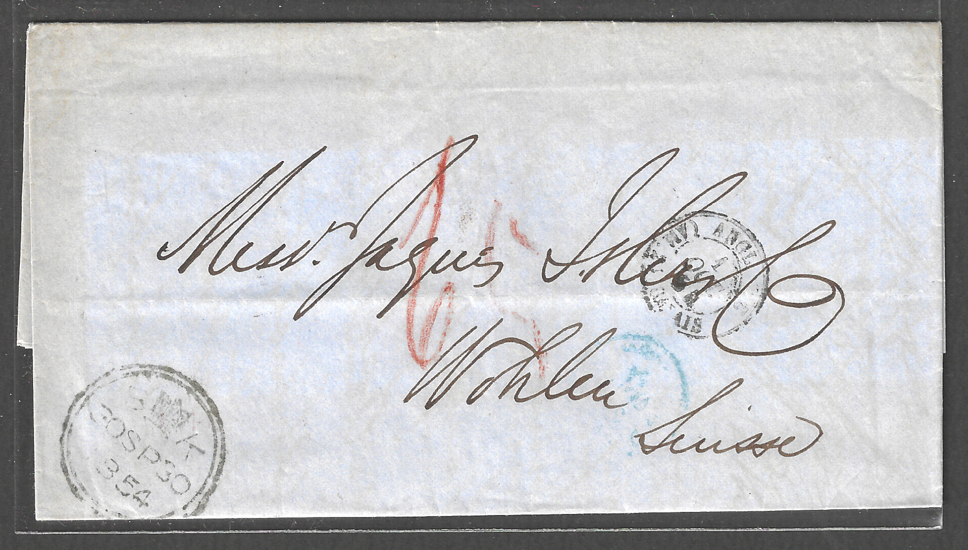 FFF0435 Great Britian to Swizterland stampless Cover , 1854 Rare - FFF0435 - Image 1